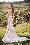 Cadoly Ivory Wedding Dresses for Bride 2024 Mermaid Lace Applique V-Neck Tull Wedding Gown Spaghetti Strap Boho Beach Bridal Gown with Train, Ivory, Size 4