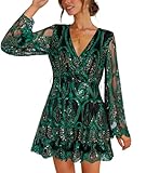 Cosonsen Womens Christmas Party Dress Long Sleeve Deep V Neck Embroidered Sequin Skater Dress Green M