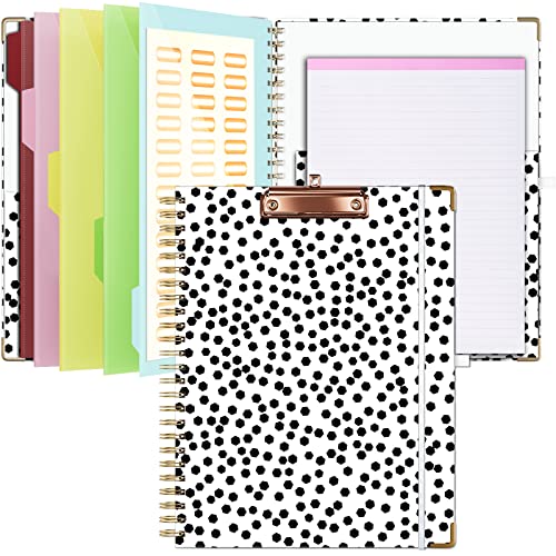 Ospelelf Clipboard Folio with Notepad for Letter Size, Clipboard Folder with Storage, 5 Folders with 10 Pockets, Elastic Closure and Pen Loop (Polka Dots)