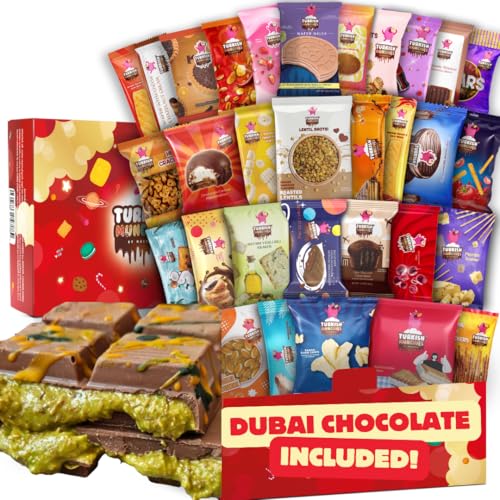Dubai Chocolate Bar with Mega International Snack Box | Premium Exotic Foreign Snacks Unique Food Gifts Included Try Extraordinary Turkish Candies from Around the World Volcano Edition