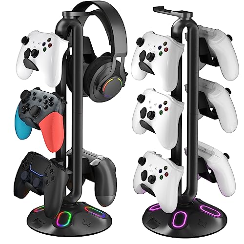 Gaming RGB Headphone Stand,Canmarin Controller Holder with 9 Light Modes - Headset Stand with 2 USB Charging Ports and 3.5mm & Type-C - Controller Stand Hanger Accessories for Desk and Gamer(Black) A