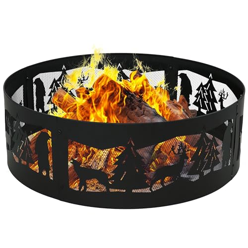 Sunnydaze 36-Inch Outdoor Fire Pit Ring - Heavy-Duty Portable Metal Fire Ring - 360-Degree Wildlife Cutouts - Forest Wilderness