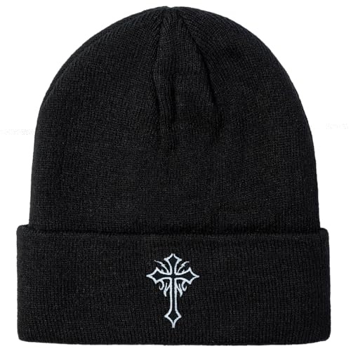 pbgtywd Cool Goth Beanies Embroidered Knit Hats Casual Gothic Beanie Fall Winter Black Cross Graphic Knit Hat Cap for Women Men