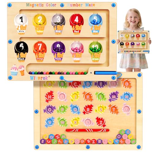 2 in 1 Double Side Magnetic Color and Number Maze, Montessori Magnetic Alphabet Maze Board Toys 3-5 Years Old, Wood Magnet Puzzle Learning Counting Matching Toys for 3 4 5 Todders Kids Girls Boys