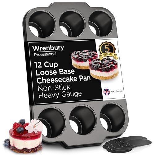 Wrenbury Pro Mini Cheesecake Pans Removable Bottom 12 Hole - Heavy Gauge Carbon Steel Muffin Cupcake Pan Loose Bottom Springform for Baking - 3 Inch Individual Cheesecakes Tin - PFOA Free