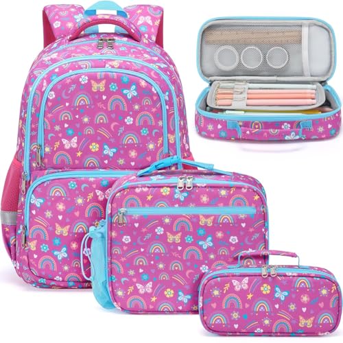 Fimibuke Kid Backpack for School Girl, 3PCS Waterproof Toddler School Bag Cute Bookbag Set with Lunch Box & Pencil Case for Preschool Kindergarten Elementary Back to School Student Ages 3-12, Rainbow