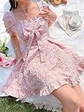 WDIRARA Women's Floral Print Square Neck Bow Front Puff Short Sleeve Ruffle Hem A Line Dress Pink S