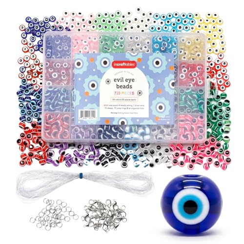 Incraftables Evil Eye Beads for Jewelry Making (24 Colors). Best Evil Eye Bracelets kit (720pcs). Round Glass Beads for DIY Charms & Necklace with Elastic String & Clasps