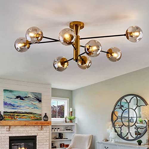 hesoge 8 Light Sputnik Semi Flush Mount Ceiling Light Fixture Mid Century Modern Chandelier with Glass Globe Black Gold Ceiling Lighting for Dinning Room Farmhouse Kitchen Bedroom Living Room