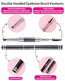 Duo Eyebrow Brush - 2Pcs Pro Premium Quality Double Ended Eyebrow Brush & Spoolie, Angled Brow Brush with Lid for Precision Application & Blending of Eye Brow Powders, Waxes & Gels - Pink & Grey