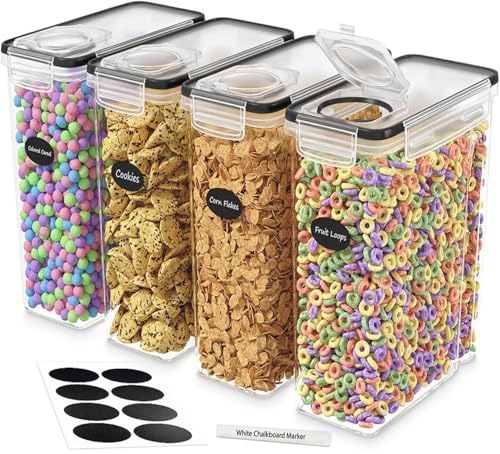 DWËLLZA KITCHEN Cereal Containers Storage 4 Pack 135 fl. oz Cereal Dispenser Airtight Food Storage Containers BPA-Free Pantry Organization and Storage, Canister for Flour & Sugar 1 Marker 8 Labels