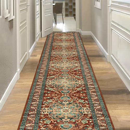 U'Artlines 2' x 14' Long Boho Hallway Runner Rug, Non Slip Washable Vintage Farmhouse Accent Area Rug Carpet for Kitchen Entryway Laundry and Living Room (Rust＆Teal)