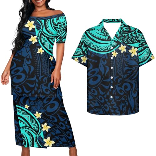 QUJUFOZY Samoa Couple Outfit Polynesian Green Polynesian Dresses for Women Samoan Puletasi Traditional Tribal Polynesian Couples Tribal Outfits Matching Sets Lavalava Couples Hawaiian Mumu S