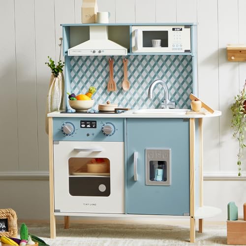 Tiny Land Play Kitchen for Kids, Wooden Kids Play Kitchen Playset Chef Pretend Play Set for Toddlers with Real Lights & Sounds, Toys Kitchen with 18 Pcs Toy Food & Cookware Accessories