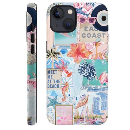 Generic Case Compatible with iPhone 14,Scratch Resistant Hybrid 2-Layer Hard Shell Phone Case,Seashells Beach Summer Jellyfish Collage