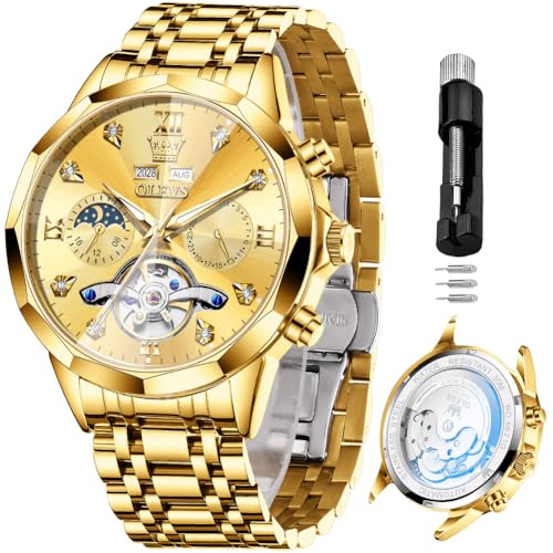 OLEVS Automatic Men Gold Watch Skeleton Mechanical Business Dress Stainless Steel Waterproof Luminous Calendar Luxury Classic Wrist Watch Male