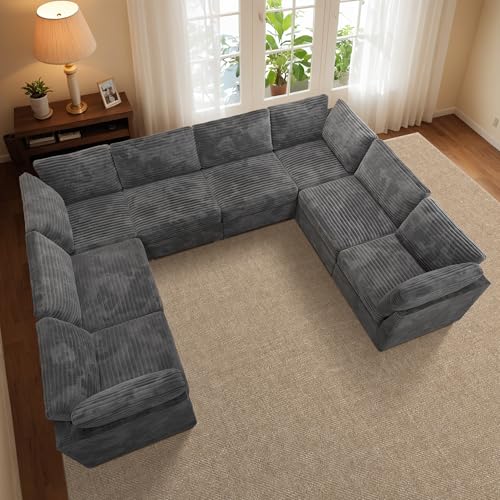 Luxury Modular Sectional Sofa Couch - 130" Oversized U Shaped Cloud Couch for Living Room,Deep Seat Upholstered Convertible Sleeper Sofa Couch with Reversible Chaise,Plush Corduroy,Grey