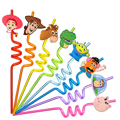 24Pcs Toy Inspired Story Birthday Party Supplies Reusable Drinking Straws,8 Designs Toy Themed Story Party Favors with 2 Cleaning Brushes