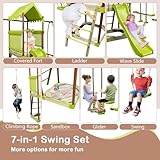 Costzon 450lbs Swing Sets for Backyard, 7-in-1 Heavy Duty Metal Swing Set with Slide, Upper Deck with Canopy, Sandbox, Climbing Rope, Glider and Swing, Outdoor Playset for Playground, Gift for Kids