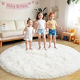 Fluffy Round Rug 8Ft, Cream White Rugs for Bedroom, Large Shag Round Area Rug for Living Room, Fuzzy Circle Rug, Plush Soft Carpet for Girls Boys Kids, Non Slip Rugs for Dorm, Room Decor Aesthetic