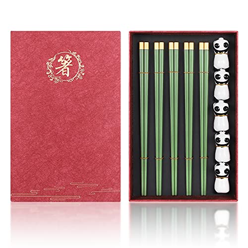 Youda Chopsticks Reusable Fiberglass Chopsticks with Holder Chinese Japanese Gift Set Chopsticks Set Dishwasher Safe Alloy Chop sticks + Ceramic Cute Panda Chopstick Rest (5 Pairs with Holder)