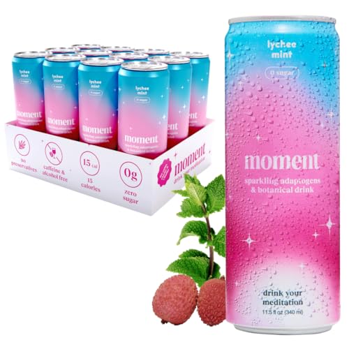 Moment Mocktails Non Alcoholic Drinks (Shark Tank) | SPARKLING Lychee Mint Adaptogen Drink | L-Theanine & Ashwagandha for Calm & Clarity | 0 Added Sugar 0 Caffeine | 12-pack