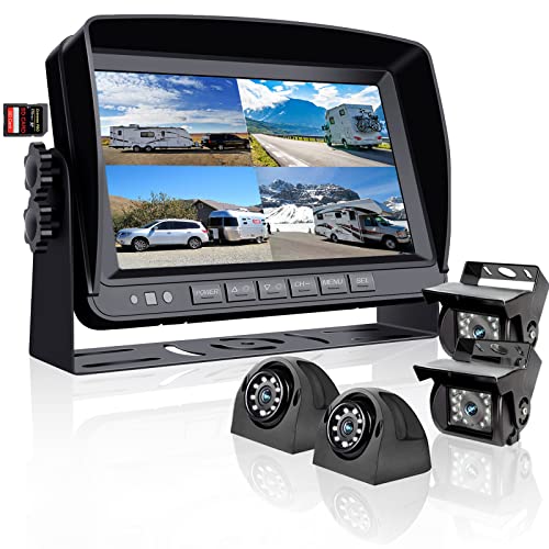 RVInWest Backup Camera System with 9'' 1080P Monitor Wired for RV Truck Trailer Camper Bus, 4 Split Screen Quad View HD DVR Record Monitor + IP69 Waterproof 360° View Night Vision Rear Side Camera