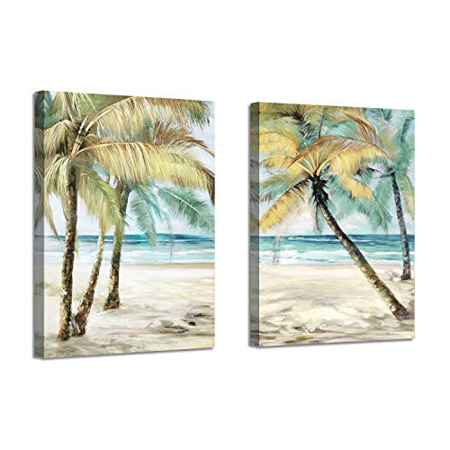 ARTISTIC PATH Beach Palm Trees Wall Art: Abstract Coastal Seascape Hand Painted Artwork Painting on Canvas Pictures for Living Room (11" W x 16" H x 2 PCS, Multi-Sized)