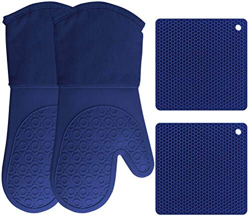 Silicone Oven Mitts and Pot Holders, 4-Piece Set, Heavy Duty Cooking Gloves, Kitchen Counter Safe Trivet Mats, Advanced Heat Resistance, Non-Slip Textured Grip