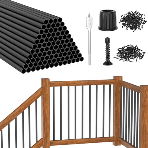 CKE 100 Pack 32" Round Aluminum Deck Balusters, 3/4" Diameter Hollow Round Black Aluminum Balusters for Deck Railing, Aluminum Deck Stair Spindles with Screws/Conector for Wood Composite Stair Fencing