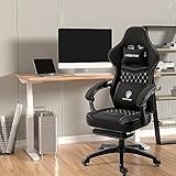 Dowinx Gaming Chair Breathable Fabric Computer Chair with Pocket Spring Cushion, Comfortable Office Chair with Gel Pad and Storage Bag,Massage Game Chair with Footrest,Black