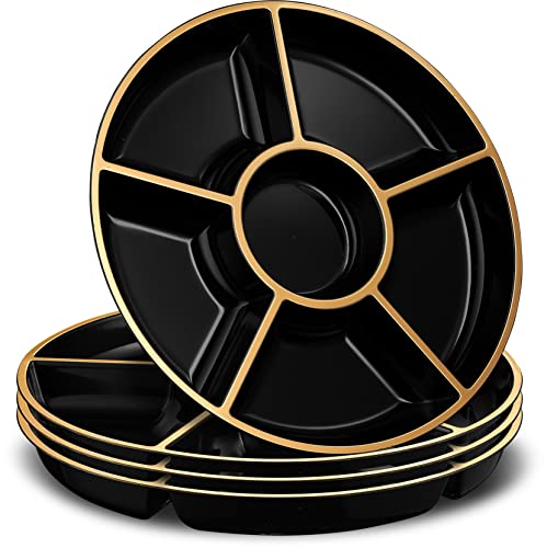 Plasticpro 6 Sectional Round Plastic Serving Tray/Platters Black & Gold Pack of 8