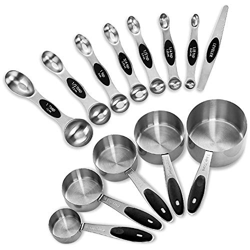 EDELIN Measuring Cups and Magnetic Measuring Spoons Set, Stainless Steel 5 Cups and 7 Spoons (Black)