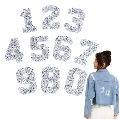 Number Iron on Patches Rhinestone Heat Transfer Stickers 0-9 Craft DIY Decals Silver Gift Bling Appliques for Clothes Bags Hats Pants Backpack Decoration