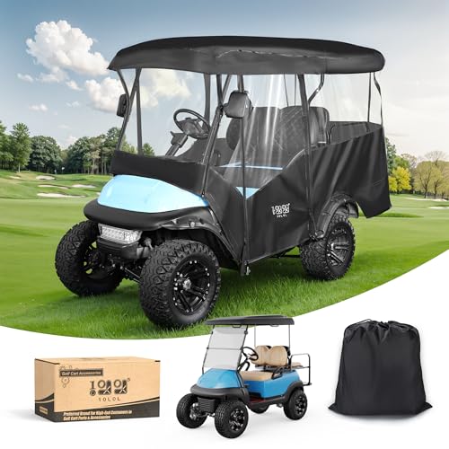 10L0L Universal Golf Cart Enclosure – Fits Yamaha, EZGO & Club Car (4-Passenger) – Waterproof 600D Polyester Cover – Windproof Design – 4-Side Clear Windows (Black)