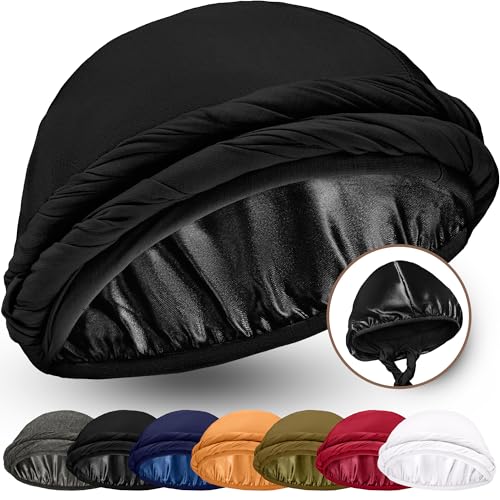 CAPLORD Silk Satin Lined Halo Turban Head Wrap Pre-Tied Skull Cap for Men and Women Sleeping Bonnet Hair Cover Chemo Hair Loss Hat Black