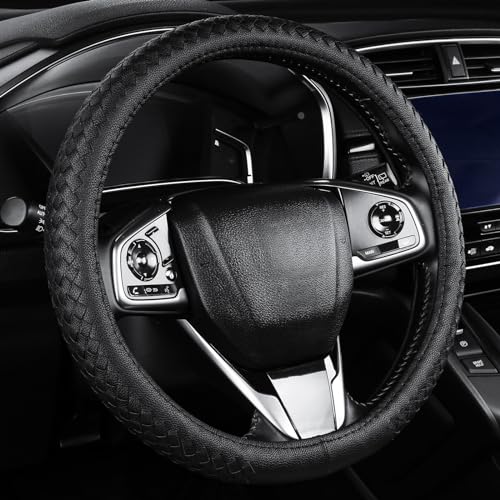 Leather Steering Wheel Cover Men，with Black Woven Pattern Car Accessories ，Anti-Slip, Safety, Soft, Breathable, Adaptable to 14.5-15 inches Steering Wheel Fit SUV， Jeep， Van，Sedan，Car