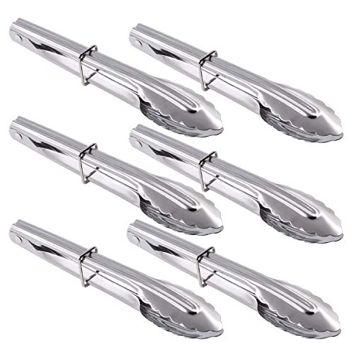 HINMAY Mini Stainless Steel Food Tongs with Silding Rings 7-Inch - Set of 6 - Small Clam Shell Service Tongs for Serving Appetizers, Desserts, Salads, Barbecue and Cooking (Silver)