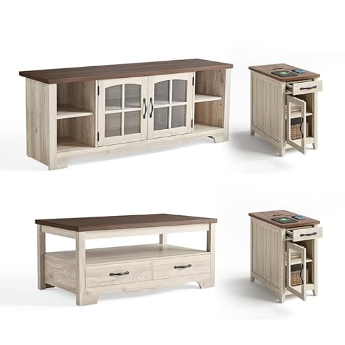 LINSY HOME Living Room Table Sets 4 Piece with TV Stand, Farmhouse TV Stand for 65 Inch TV, Coffee Table with Drawers, Two End Table with Charging Station, Washed Gray