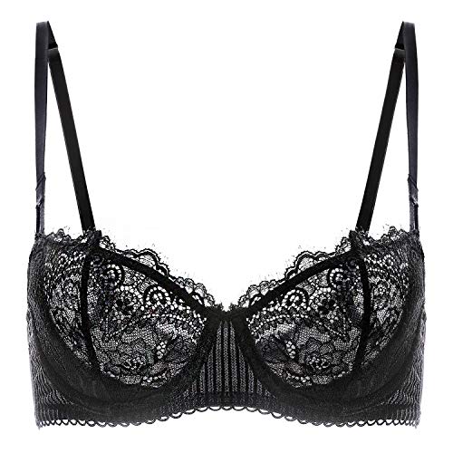 DOBREVA Women's Sexy Lace Push Up Plus Size Bra Sheer Balconette Underwire Unlined Black_Eyelash lace 34D