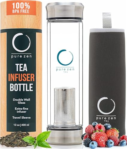 Pure Zen Tea Tumbler with Infuser - Double Wall Glass Travel Mug with Stainless Steel Filter - Leakproof Tea Infuser Bottle for Loose Leaf Tea and Fruit Infused Water - Unique Gift Set - 13 Ounce