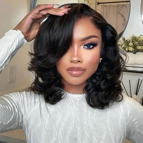 Wiggins Hair Body Wave Bob Wig Human Hair 4x7 Lace Front Wigs Human Hair Pre Cut Lace Ready to Wear Glueless Wig Human Hair Body Bob Wig For Women Pre-Bleached Knots & Adjustable Straps 14 Inch