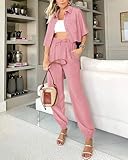 BTFBM Women's 2025 Summer 2 Piece Outfits Tracksuit Short Sleeve Cropped Button Down Shirt Long Pant Lounge Matching Set(Solid Pink, Large)