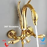 SWHC Rain Shower System, Gold Bathroom Shower Faucet Set 3 Functions Shower Fixtures Brass Shower Kit with Valve and Rain Shower Head and Handheld Shower Head, Swivel Swan Type Bathtub Faucet