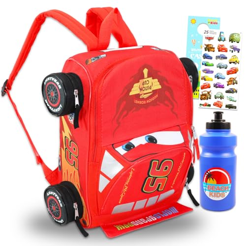 Disney Cars Mini Backpack for Kids - Bundle with 14” Lightning McQueen Backpack with Water Bottle, Stickers, More | 3D Lightning McQueen Travel Bag Set for Girls, Boys