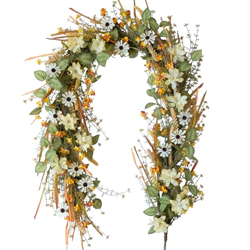 Spring Floral Garland with Mixed Grain Yellow Flowers Sunflower Daisy and Eucalyptus - 6ft Spring Flowers Wreath Garland for Indoor/Outdoor, Easter Decor