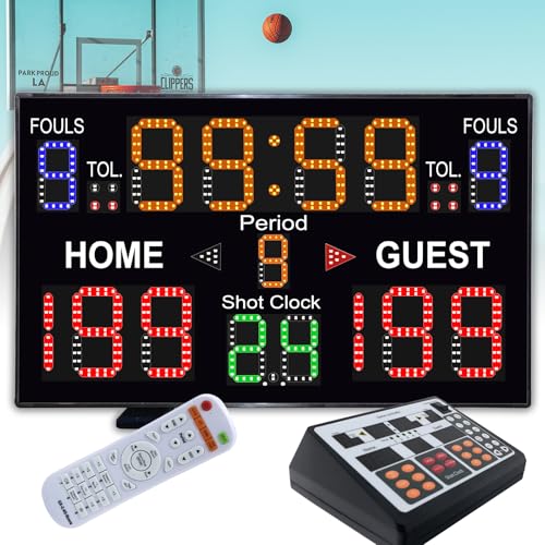 LUCKY TIME Basketball Scoreboard with Shot Clock, 12/14/24/30/25/60 Seconds, Upgraded Thickening Digital Scoreboard with Panel and Remote, Battery Powered Electronic Scoreboard for Indoor Outdoor