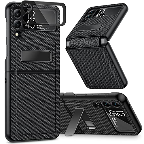 Caka for Galaxy Z Flip 3 5G Kickstand Case, Z Flip 3 Case with Camera Protector Hinge Protection Heavy Duty Shockproof Protection Wireless Charging Cover Case for Samsung Galaxy Z Flip 3 Carbon Fiber