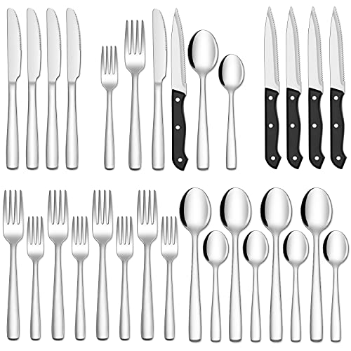 Hiware 24-Piece Silverware Set with Steak Knives, Stainless Steel Flatware Cutlery, Mirror Polished Flatware Serving Utensils Set for 4, Includes Forks Spoons Knives Silverware, Dishwasher Safe