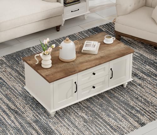 WAMPAT White Coffee Table with Drawers & Storage Cabinet, Modern Rectangle Center Table for Living Room, Rustic Wooden Cocktail Table Tea Table for Home, Office